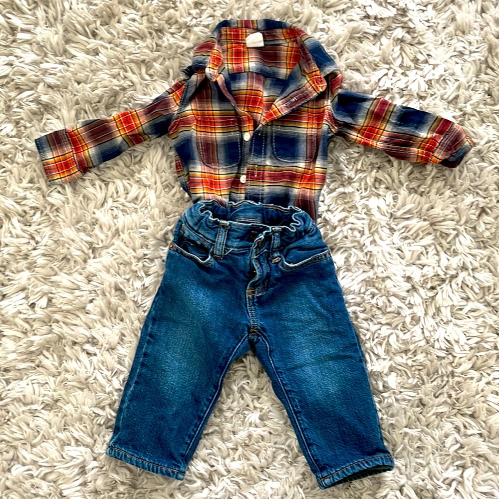 Baby Gap outfit- plaid shirt and fleece lined jeans. 12-18 months